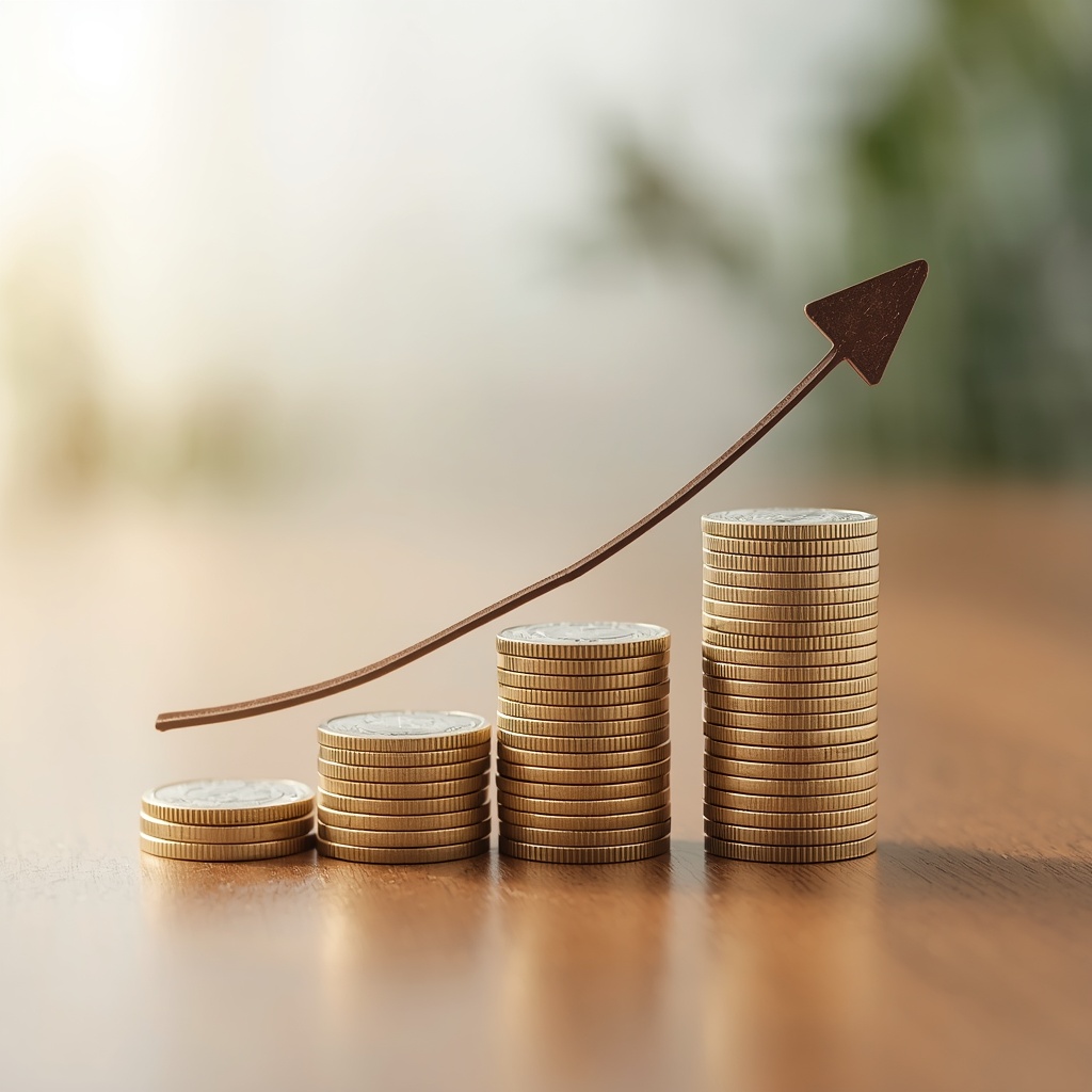 Minimalist savings growth chart with stacked coins and rising arrow on wooden table, soft natural lighting, no people, macro photography style